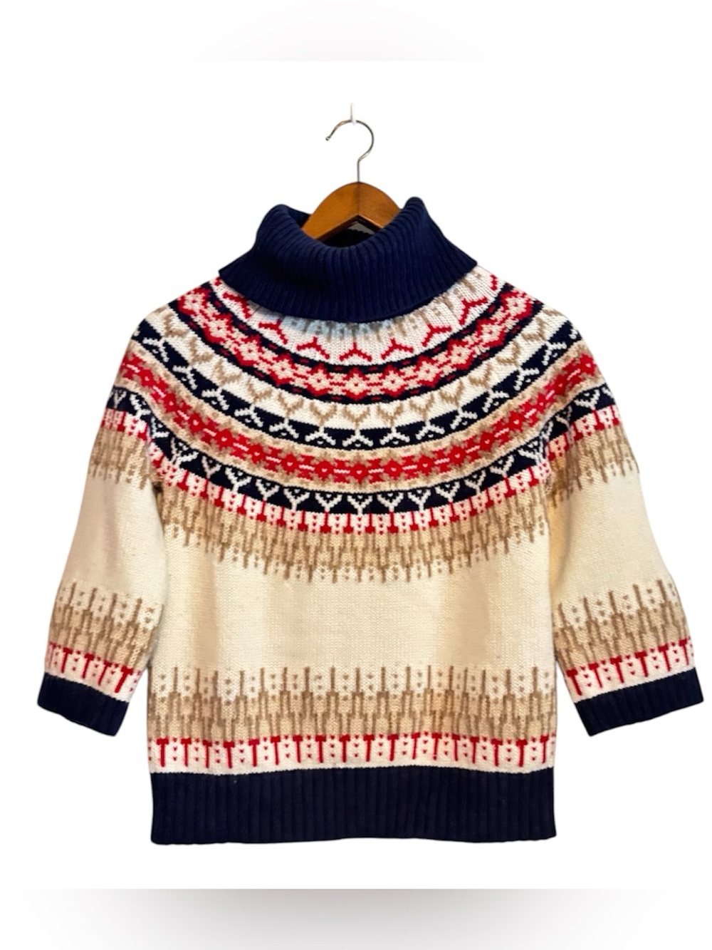Lands' End Ivory Red Blue Fair Isle Cotton Wool Nordic Ski Turtleneck Sweater